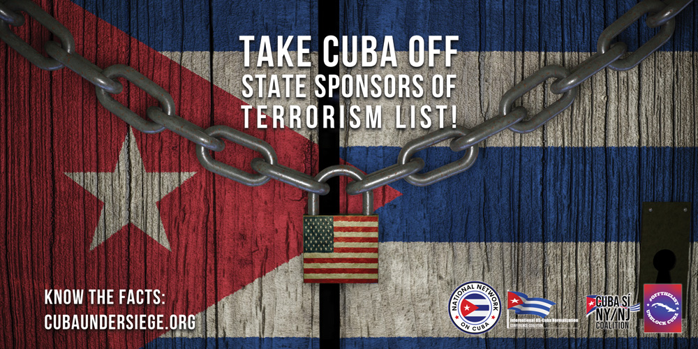 Cuban flag chained by US Pad Lock