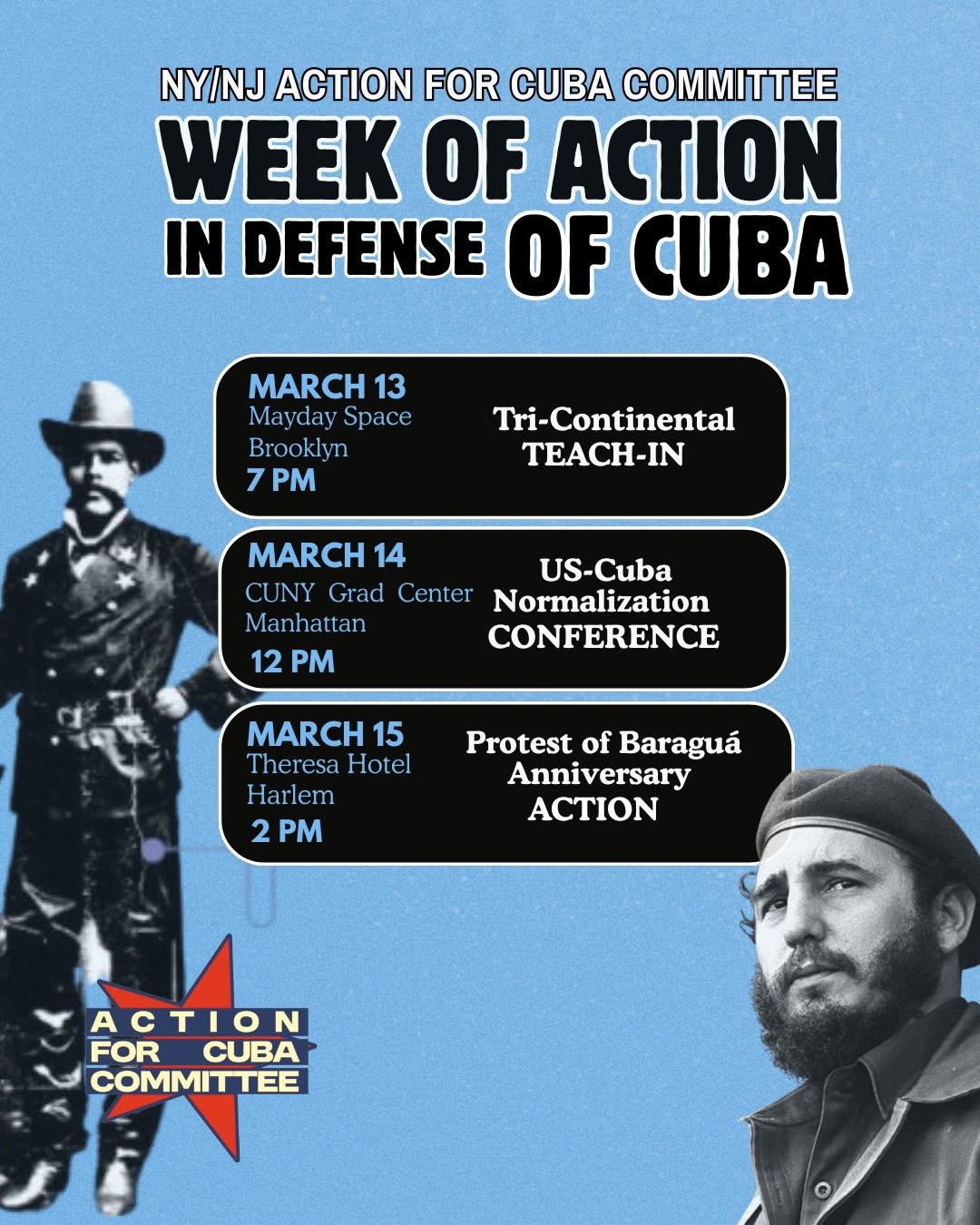 Flyer for Anniversary of the Protest of Baraguá Action. March 15 at 2pm. Theresa Hotel, Harlem. Week of Action in Defense of Cuba.