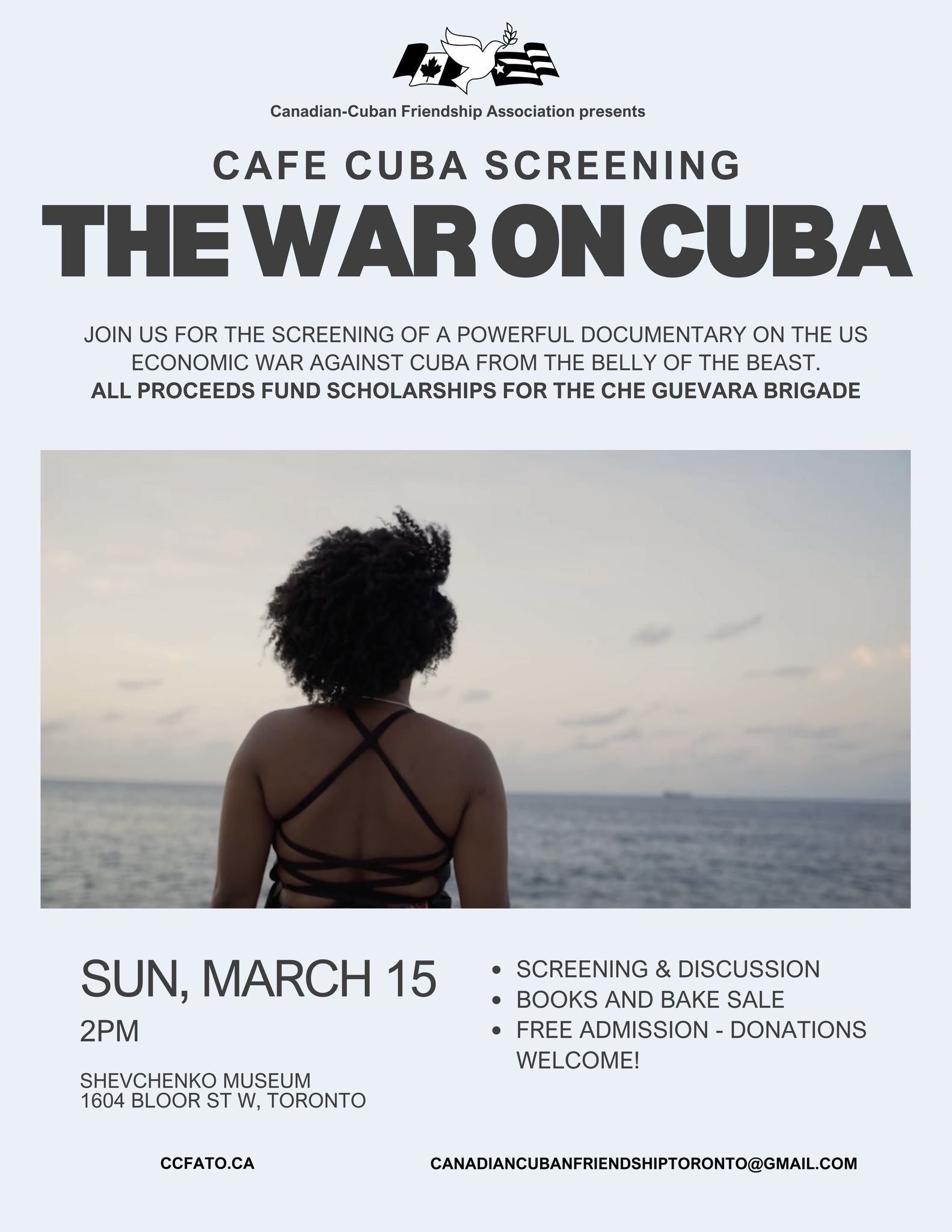 Flyer for Cafe Cuba Screening: The War on Cuba. March 15 at 2pm. Shevchenko Museum, Toronto. Proceeds fund Che Guevara Brigade scholarships.