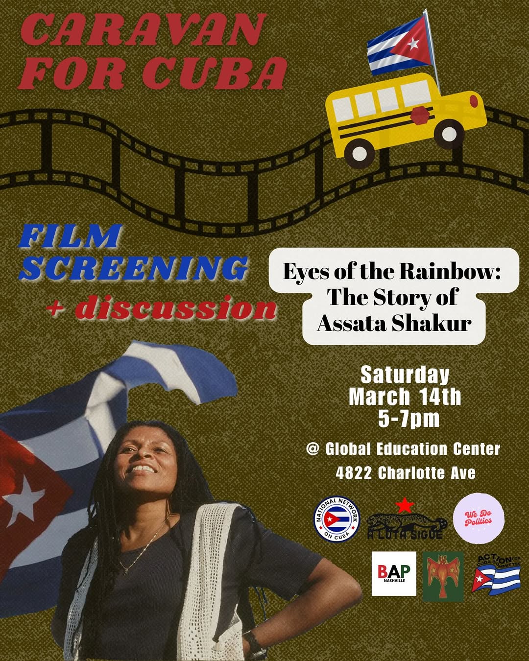 Flyer for Caravan for Cuba Film Screening: Eyes of the Rainbow. March 14 at Global Education Center, Nashville. Part of Week of Action.