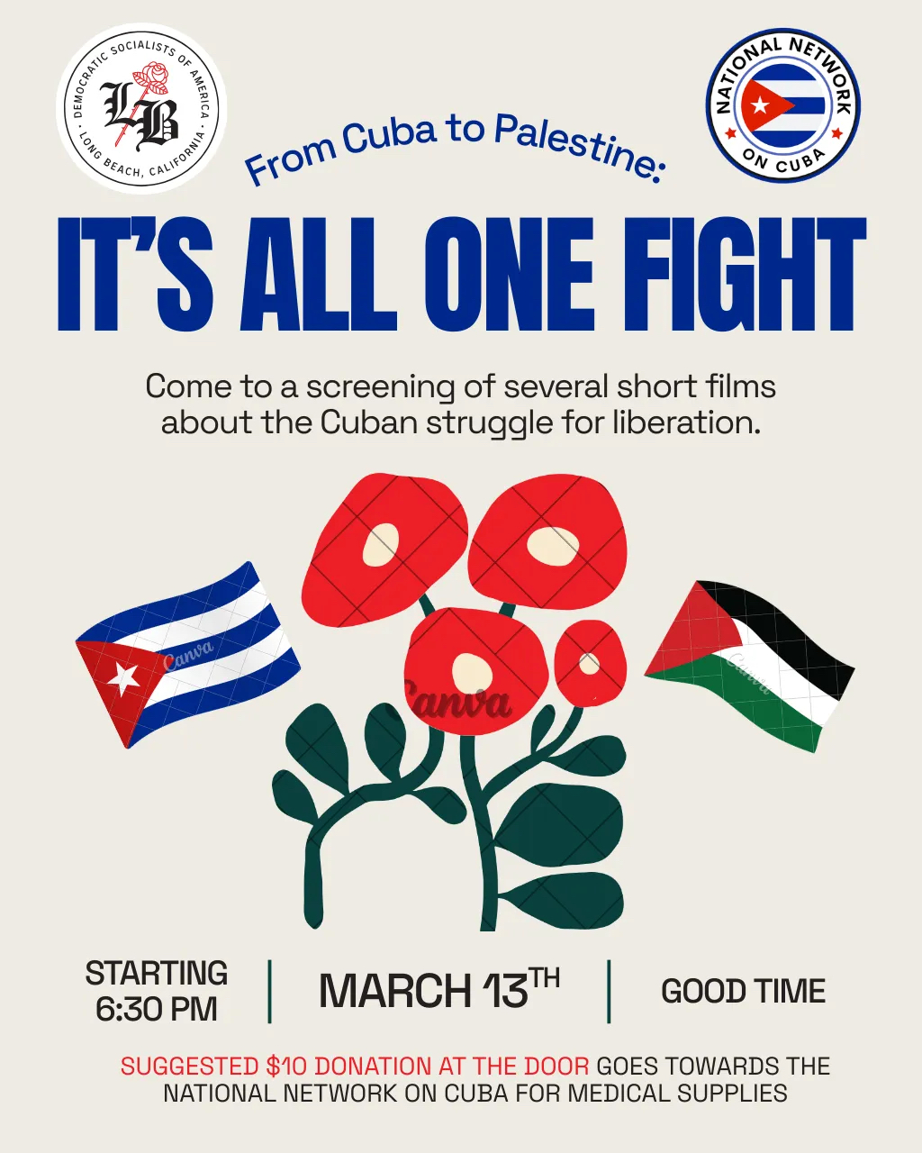 Flyer for It's All One Fight film screening. March 13 at 6:30pm. Good Time. $10 suggested donation for medical supplies.