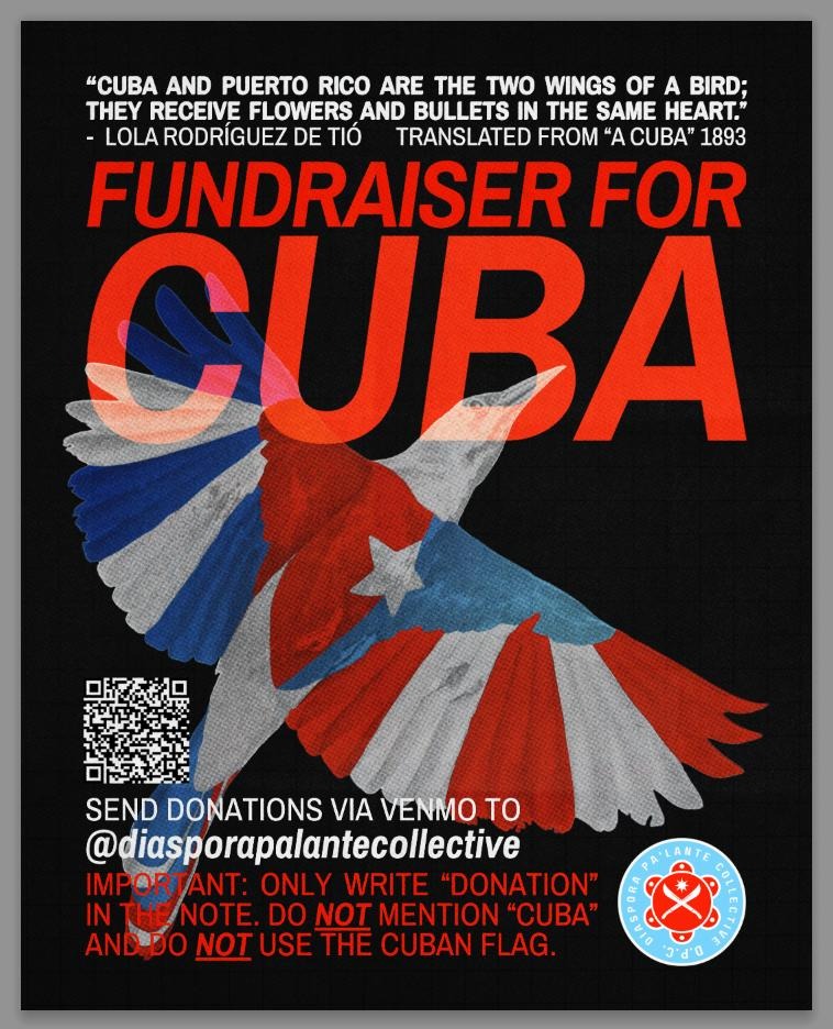 Fundraiser flyer for Cuba with quote from Lola Rodríguez de Tió. Donate via Venmo to @diasporapalantecollective. Week of Action in Defense of Cuba.